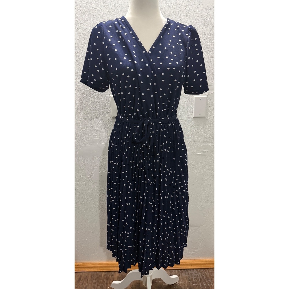 Lark + Grey Navy Blue Polka Dot Pleated Wrap Midi Dress Women's Medium
